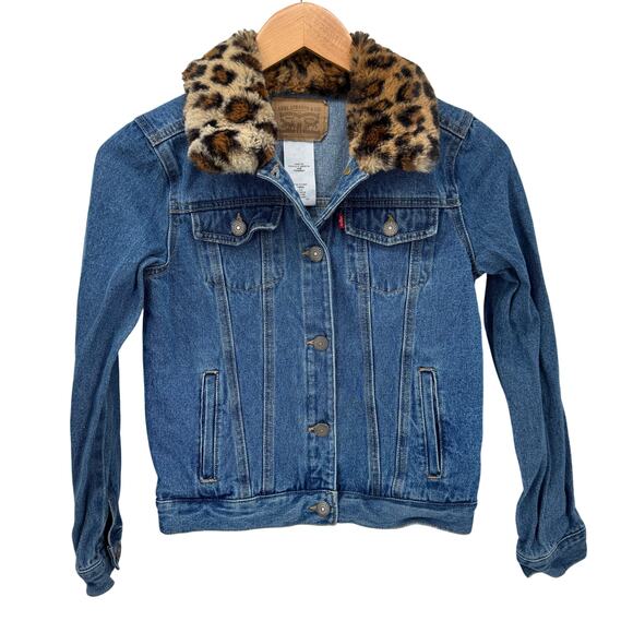 Levi's Denim Jacket Girls Large Blue Denim Trucker Faux Fur Leopard Trim Collar - Picture 1 of 6